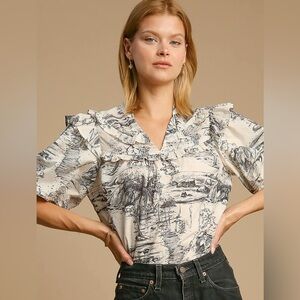 Umgee Olive and Cream Split Neck Ruffle Landscape Top